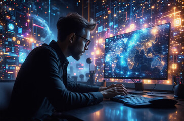 Aufkleber - A focused programmer sits before a computer displaying a vibrant, interconnected world map, immersed in a digital realm of glowing data streams and intricate circuitry.