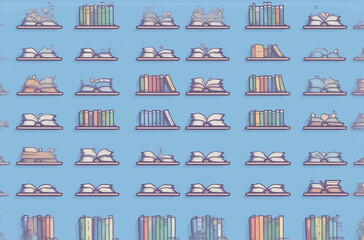 Aufkleber - A repeating pattern of colorful book and bookshelf icons on a light blue background. Perfect as an avatar or website asset.