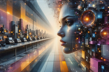 Poster - A futuristic cityscape merges with a woman's face, composed of digital elements and glowing lights, suggesting a blend of technology and humanity.  The scene evokes a sense of wonder and technological
