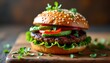 © Awais - Delicious Grilled Burger with Fresh Toppings on Wooden Board