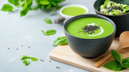 Fototapete - Fresh Green Soup with Herbs and Garnish in Modern Kitchen Setting