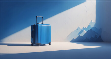 Aufkleber - A vibrant blue suitcase is set against a bright wall, with an angled light and paper mountain designs casting shadows.  This evokes journey anticipation.