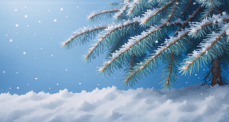 Poster - A serene winter scene featuring a snow-covered evergreen branch against a clear blue sky, with gentle snowflakes. The image evokes a sense of peace and tranquility.