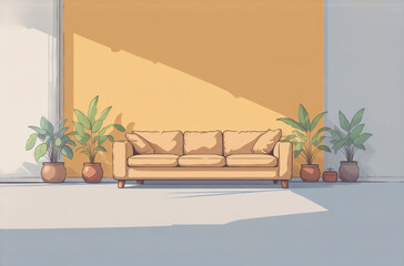 Poster - A minimalist illustration depicts a tan couch centered against a sunny yellow wall, flanked by potted plants.  This serene scene evokes a calm, inviting atmosphere, perfect for an avatar.