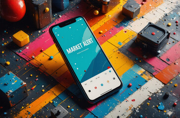 Poster - A smartphone displays a market alert. The device is on a colorful surface scattered with small objects, suggesting analysis. The scene has vibrant hues and objects.