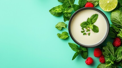 Poster - Fresh Mint Soup with Raspberries and Lime on Colorful Background