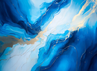 Poster - An abstract painting featuring flowing blues and whites with accents of gold, reminiscent of water. The artwork evokes a sense of movement and tranquility. Hints: Flowing, water, color