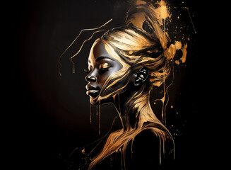Aufkleber - A portrait depicts a woman with dark skin, adorned with golden details that appear like paint strokes. The image focuses on her profile against a dark background. Hint, image is abstract.