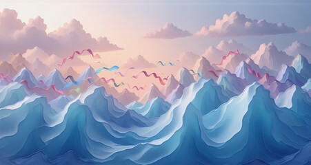 Aufkleber - A stylized landscape with layered, icy mountains under a pastel sky and flowing ribbons of color. Hints of vibrant hues dance across the scene, creating a dreamy and tranquil atmosphere.