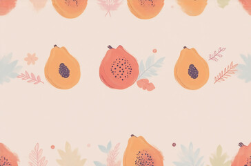Poster - A charming avatar-style illustration featuring a repeating pattern of papaya fruit and stylized leaves.  Pastel colors and a soft, whimsical aesthetic create a delightful design.