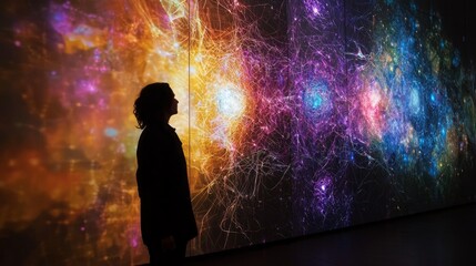 Wall Mural - A woman stands in front of a large projection of a colorful galaxy
