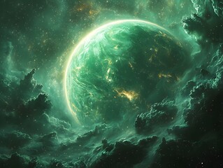 Wall Mural - a glowing green planet in a swirling cosmic galaxy