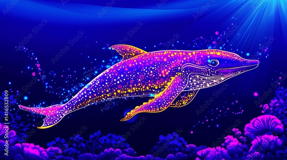 Luminous underwater world vibrant marine life with illuminated whale in ...