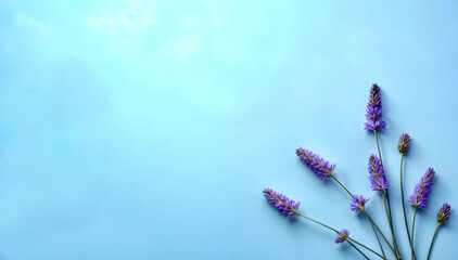 lavender flowers arranged on a blue background with minimalist design and pastel tones. concept conv