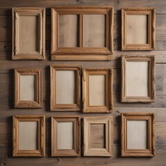 Wall Mural - wooden picture frames, set of wooden frames, wooden frames on the wall