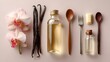 © CHAIYAPHON - Aromatic vanilla extract bottle with orchid flowers, wooden spoons, butter, and essential oil in a flat lay composition on a neutral background.