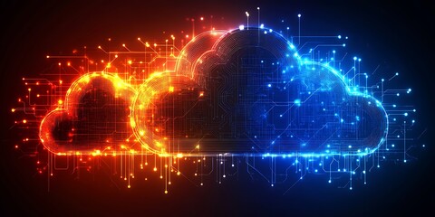 Digital Clouds: A vibrant and dynamic illustration showcasing the concept of digital clouds, with an interplay of fiery orange and cool blue hues.  