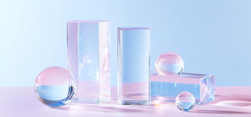 Pastel glass spheres & blocks on pink. Abstract product display