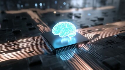 Wall Mural - 3d ai chip with digital brain patterns, futuristic processor emitting glowing waves of data