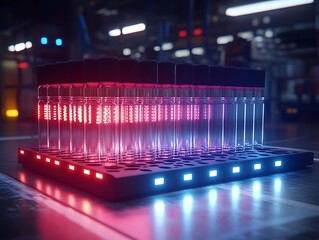 Array of glowing test tubes with neon lights in a futuristic laboratory environment