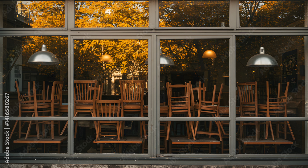 Chairs Stacked on Tables Visible Through Cafe Window with Silver Lamps ...