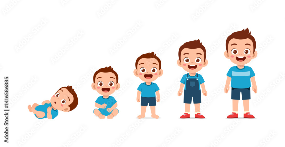 Illustration of a child growth stages, from newborn to standing toddler ...
