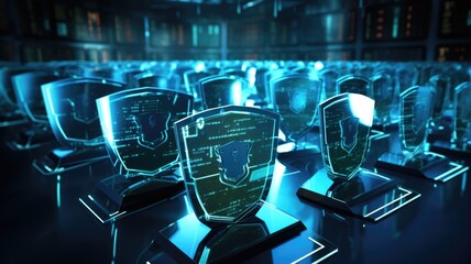 Picture of digital security system to protect dangerous hacking computer user in colorful light of cyberspace style theme. Coding and programming for guarding digital technology from criminal. AIG53.