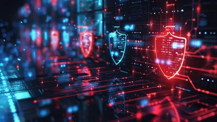 Picture of digital security system to protect dangerous hacking computer user in colorful light of cyberspace style theme. Coding and programming for guarding digital technology from criminal. AIG53.