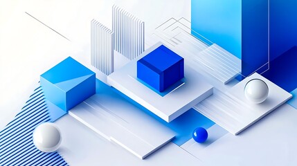Wall Mural - Abstract 3d geometric composition with blue and white cubes and spheres on minimal background
