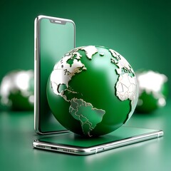 Aufkleber - Green Tech World: Globe Resting on a Modern Smartphone with Global Connections and Shiny Surface.