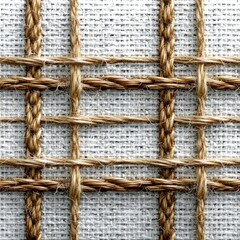 Leinwandbilder - Macro Detail of Textured Weave: Close-up Showing Braided Fibers Interlaced on White Fabric, Highlighting the Intricate Pattern.