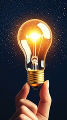 Aufkleber - A human hand delicately holds a glowing light bulb, symbolizing a bright idea and innovation against a dark background speckled with starlight or glitter dust.
