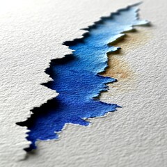 Aufkleber - Ripped Paper Revealing Blue Watercolor Wash - Artistic Texture Close-Up on White Textured Surface