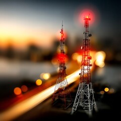 Aufkleber - Telecommunication Towers at Dusk with Streaks of Light and Glowing Red Warning Lights, Signaling the Network's Vital Connection.