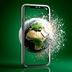 Aufkleber - The Earth Shattered: A Smartphone Displaying a World Breaking Apart on a Green Background Shows Fragility.