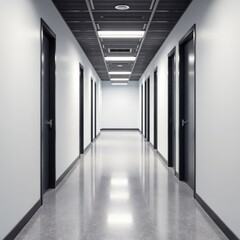  Empty modern office hallway, white walls, meeting room visible , office corridor, empty, minimalist design