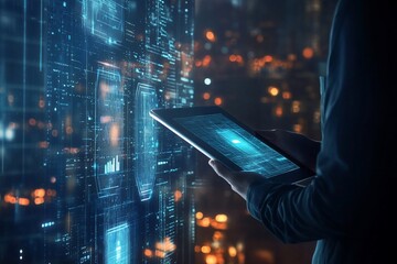 Person holding tablet with digital interface over city lights