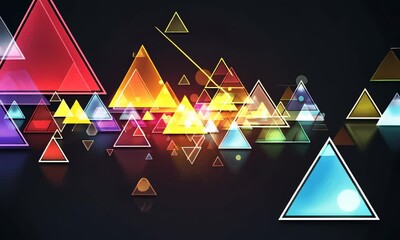 Wall Mural - dynamic abstract composition of vibrant, multicolored triangular shapes and prisms scattered across 