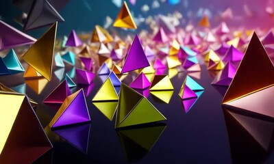 Wall Mural - dynamic abstract composition of vibrant, multicolored triangular shapes and prisms scattered across 
