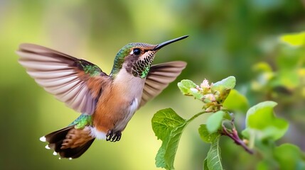 Poster - Vibrant Hummingbird Captured in Mid-Flight Near Blossoming Green Leaves in a Natural Setting : Generative AI