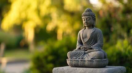 Fototapete - Beautiful Buddha Statue in a Serene Garden Setting Surrounded by Lush Greenery : Generative AI