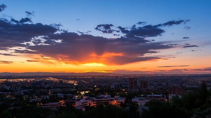 Poster - Beautiful sunset over a city skyline with colorful clouds in the evening sky : Generative AI