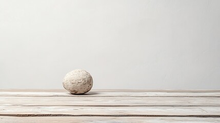 Fototapete - Minimalist Neutral Background with a Single Clay Stone on a Wooden Table Creating a Calm Atmosphere : Generative AI