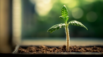 Aufkleber - New Green Plant Seedling Growing in Soil with Soft Focus on Bright Natural Background : Generative AI