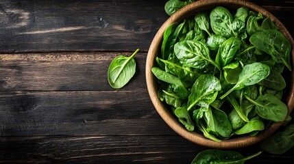 Aufkleber - Freshly Harvested Spinach Leaves in Wooden Bowl on Rustic Table : Generative AI