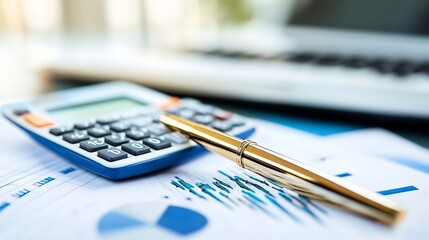 Fototapete - Calculator and Gold Pen on Financial Reports with Graphs and Charts for Business Analysis : Generative AI