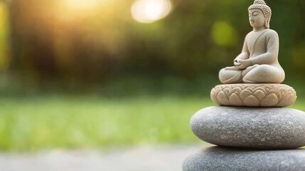 Poster - Serene Buddha Statue on Smooth Stones with Beautiful Natural Background for Tranquil and Zen Spaces : Generative AI