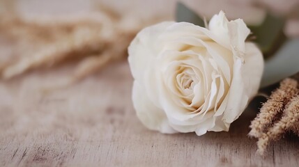 Poster - Delicate White Rose Flower on Rustic Wooden Surface Surrounded by Soft Natural Elements for Aesthetic Beauty : Generative AI