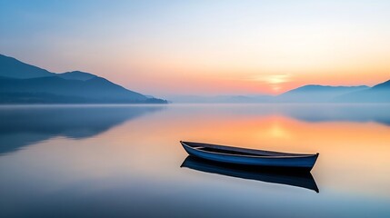 Poster - Serene Tranquil Lake at Sunset with a Lone Rowboat in the Reflection of Nature's Beauty : Generative AI