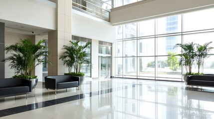 Poster - Modern lobby with large glass windows and green plants creating a welcoming atmosphere : Generative AI